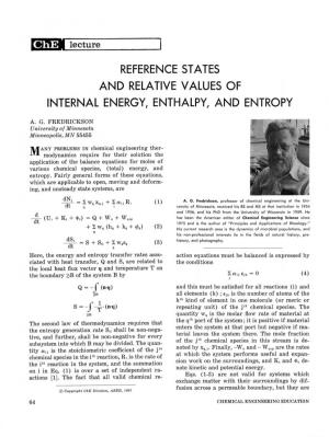 Reference St a Tes and Relative Values of Internal Energy, Enthalpy, and Entropy