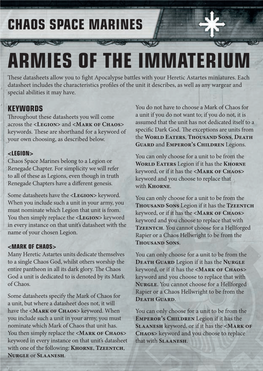 CHAOS SPACE MARINES ARMIES of the IMMATERIUM These Datasheets Allow You to Fight Apocalypse Battles with Your Heretic Astartes Miniatures