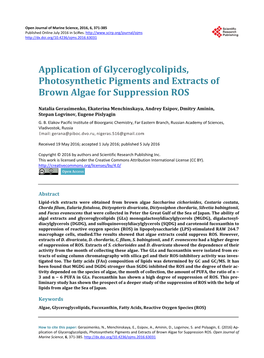 Application of Glyceroglycolipids, Photosynthetic Pigments and Extracts of Brown Algae for Suppression ROS