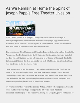 As We Remain at Home the Spirit of Joseph Papp's Free Theater Lives On