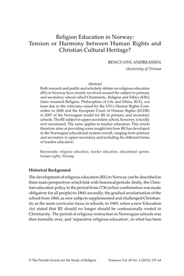 Religion Education in Norway: Tension Or Harmony Between Human Rights and Christian Cultural Heritage?