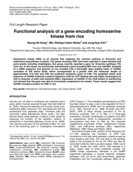 Functional Analysis of a Gene Encoding Homoserine Kinase from Rice
