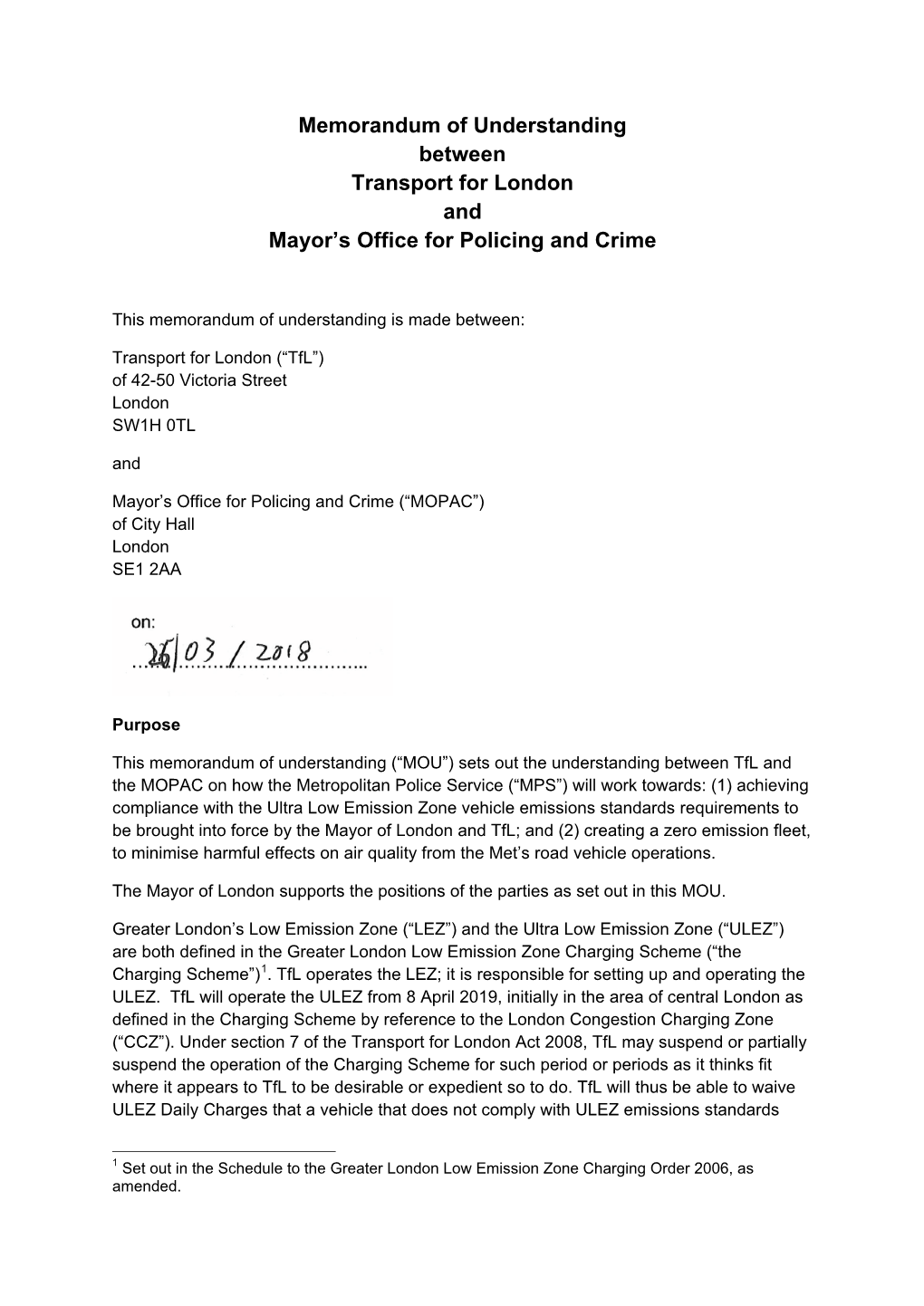 Memorandum of Understanding Between Transport for London and Mayor's Office for Policing and Crime