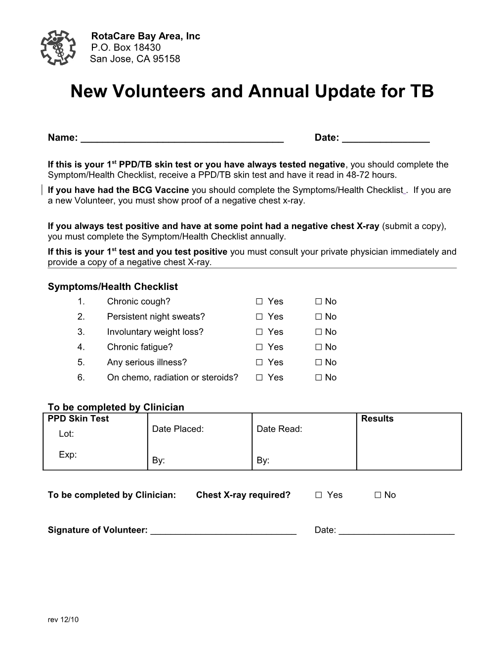 New Volunteers and Annual Update for TB