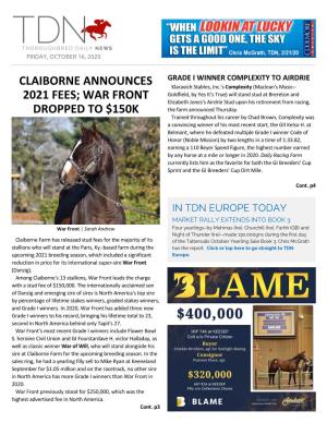 Claiborne Announces 2021 Fees; War Front Dropped To