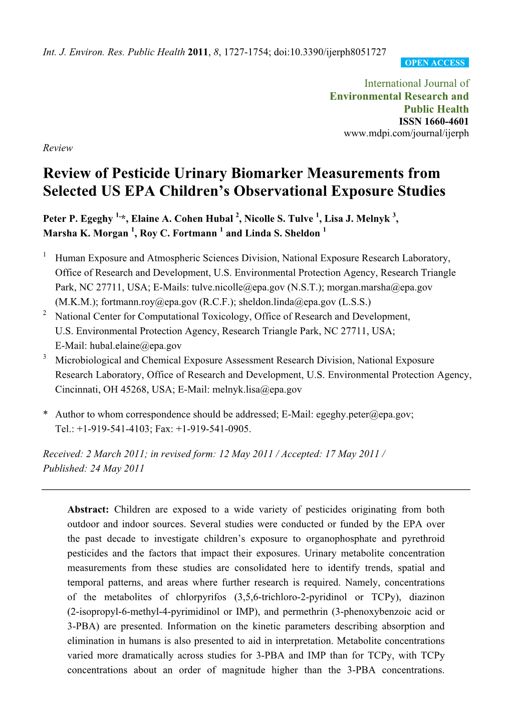 Review of Pesticide Urinary Biomarker Measurements from Selected US EPA Children’S Observational Exposure Studies