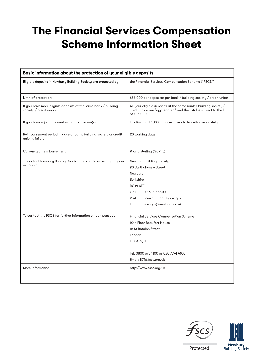 The Financial Services Compensation Scheme Information Sheet