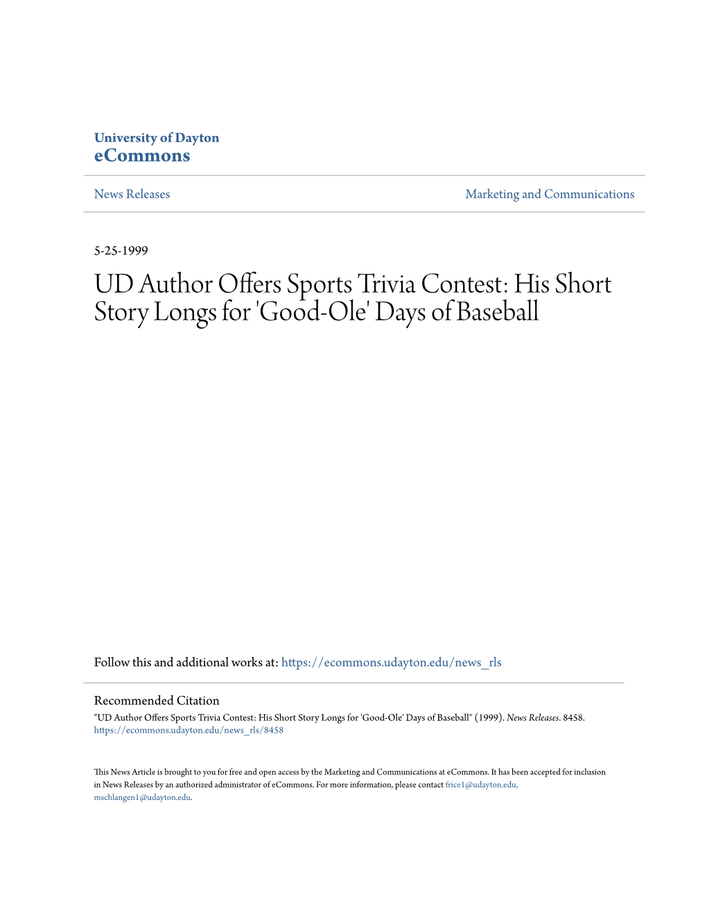 UD Author Offers Sports Trivia Contest: His Short Story Longs for 'Good-Ole' Days of Baseball