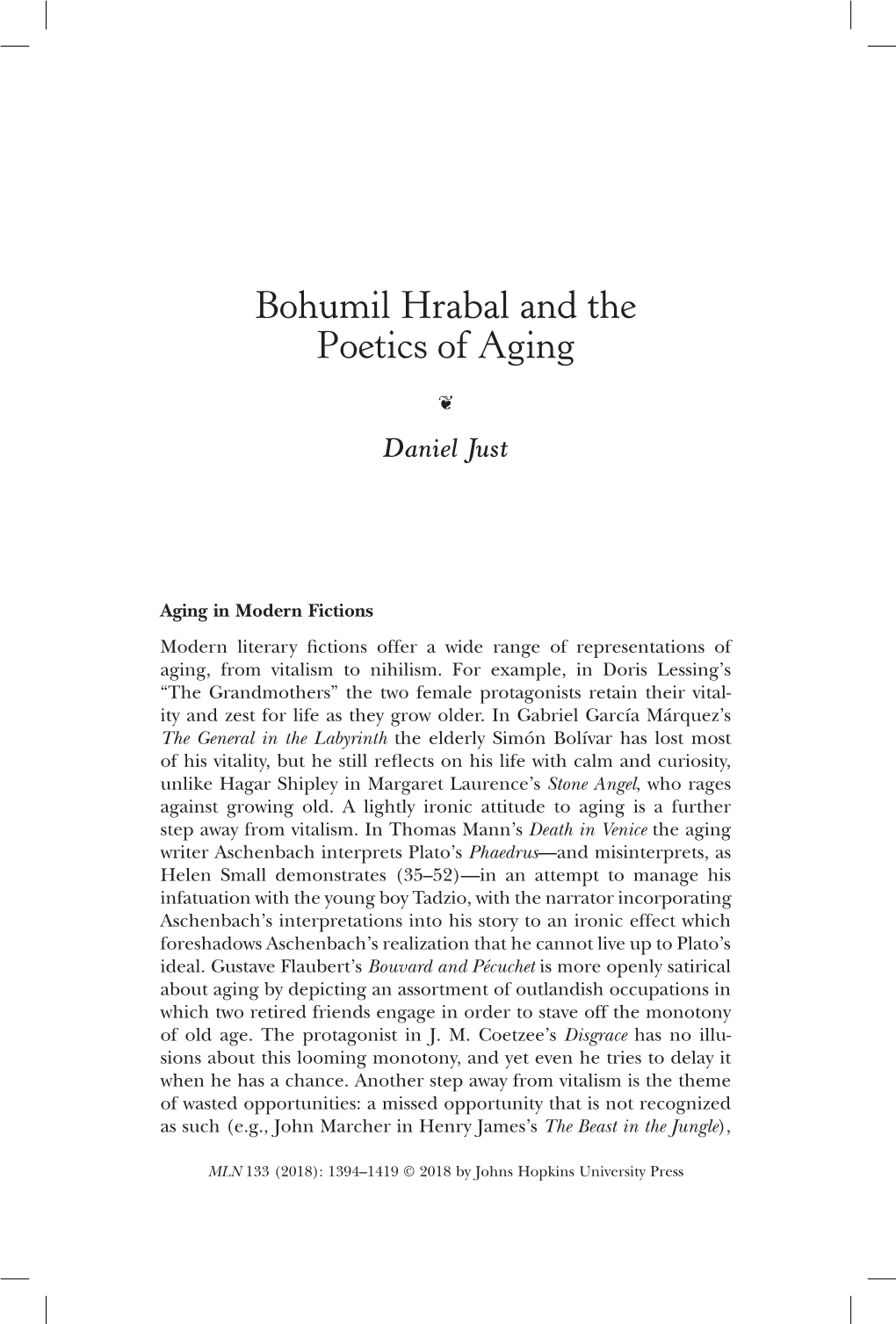 Bohumil Hrabal and the Poetics of Aging