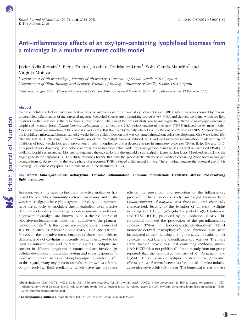 Anti-Inflammatory Effects of an Oxylipin-Containing Lyophilised Biomass