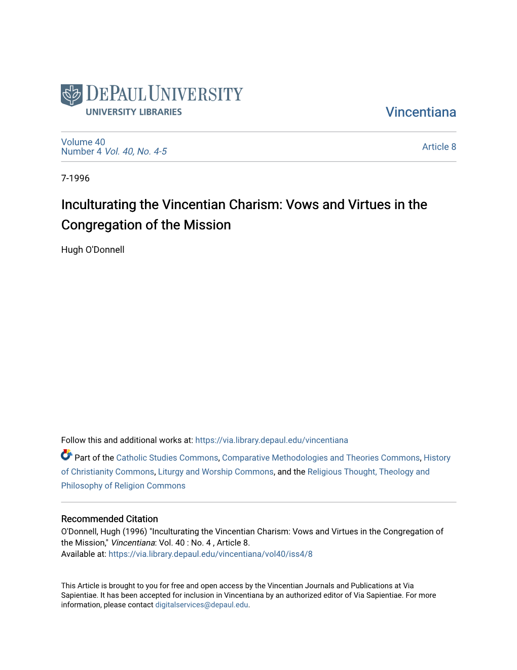 Inculturating the Vincentian Charism: Vows and Virtues in the Congregation of the Mission