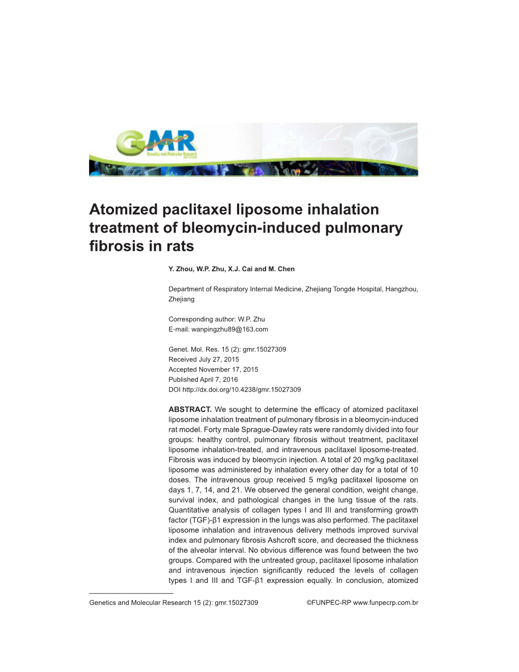 Atomized Paclitaxel Liposome Inhalation Treatment of Bleomycin-Induced Pulmonary Fibrosis in Rats