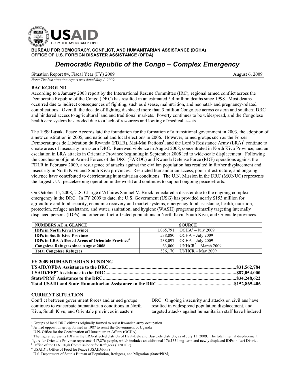 DRC Complex Emergency Situation Report #4 8/6/2009