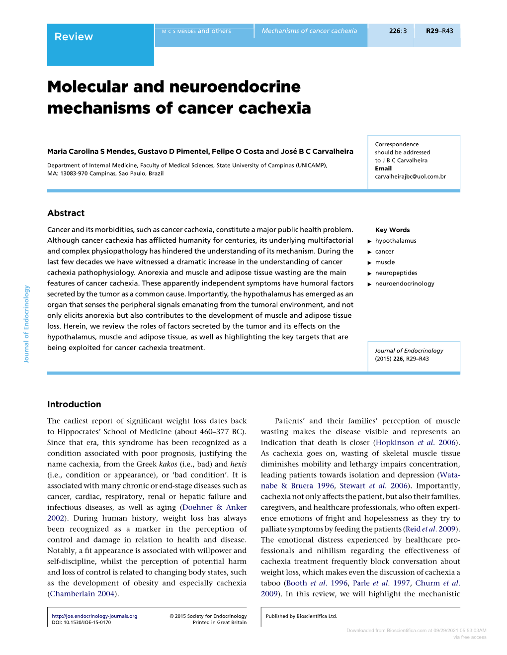 Molecular and Neuroendocrine Mechanisms of Cancer Cachexia