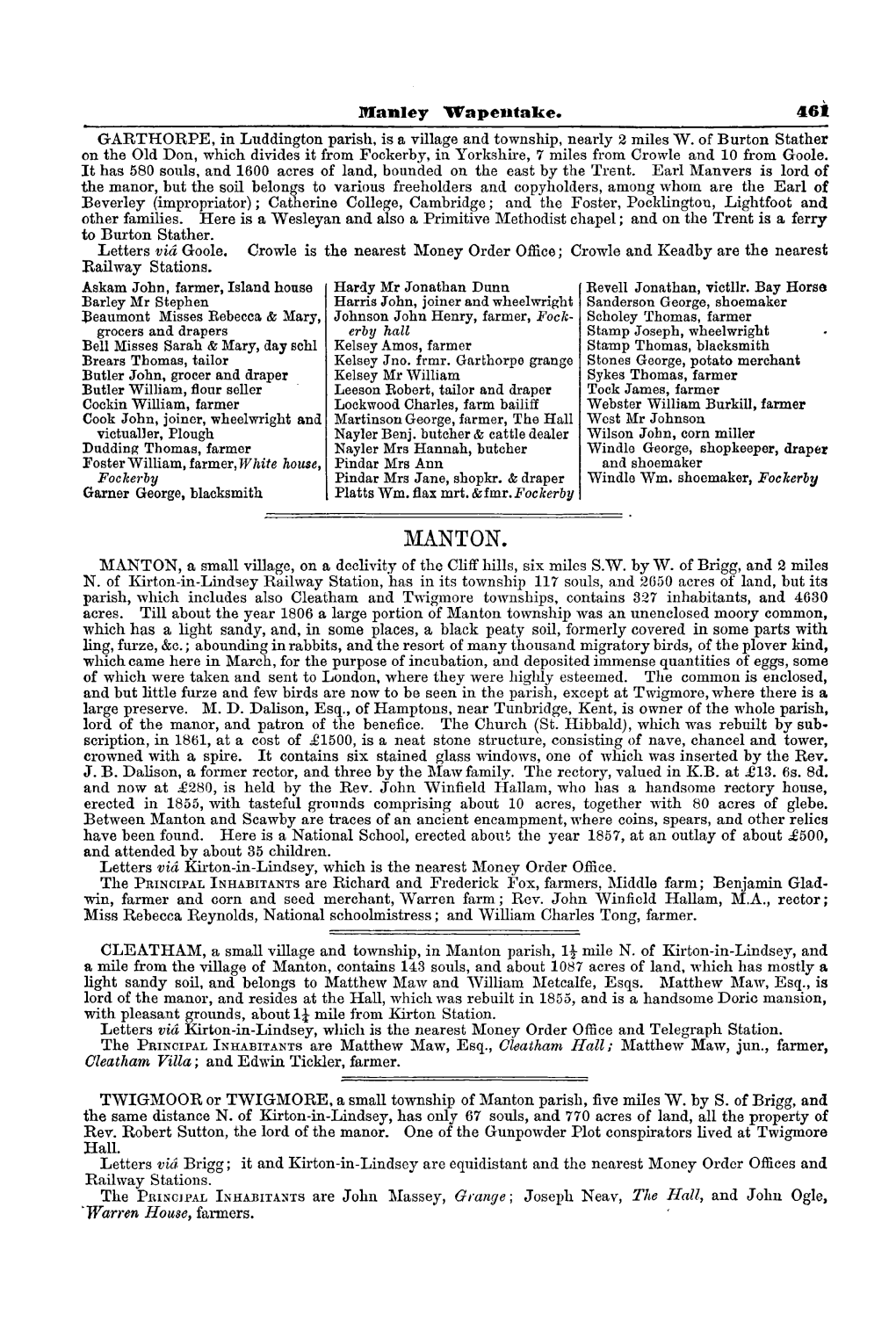 MANTON. MANTON, a Small Village, on a Declivity of the Cliff Hills, Six Miles S.W