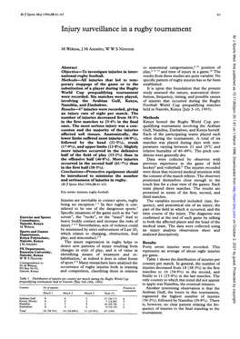 Injury Surveillance in a Rugby Tournament Br J Sports Med: First Published As 10.1136/Bjsm.30.1.61 on 1 March 1996