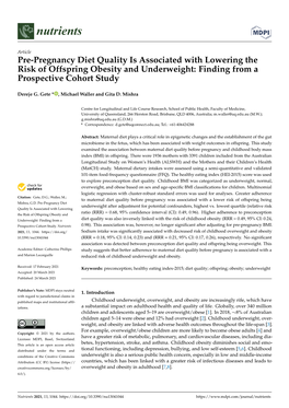 Pre-Pregnancy Diet Quality Is Associated with Lowering the Risk of Offspring Obesity and Underweight: Finding from a Prospective Cohort Study