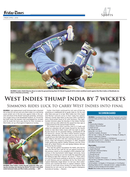 West Indies Thump India by 7 Wickets Simmons Rides Luck to Carry West Indies Into Final