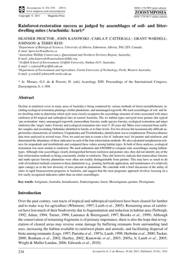 Rainforest-Restoration Success As Judged by Assemblages of Soil- and Litter- Dwelling Mites (Arachnida: Acari)*