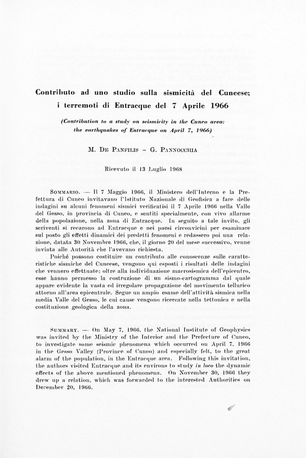 I Terremoti Di Entraeque Del 7 Aprile 1966