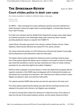 Court Chides Police in Dash Cam Case - Spokesman.Com - June 13, 2014 Page 1 of 2