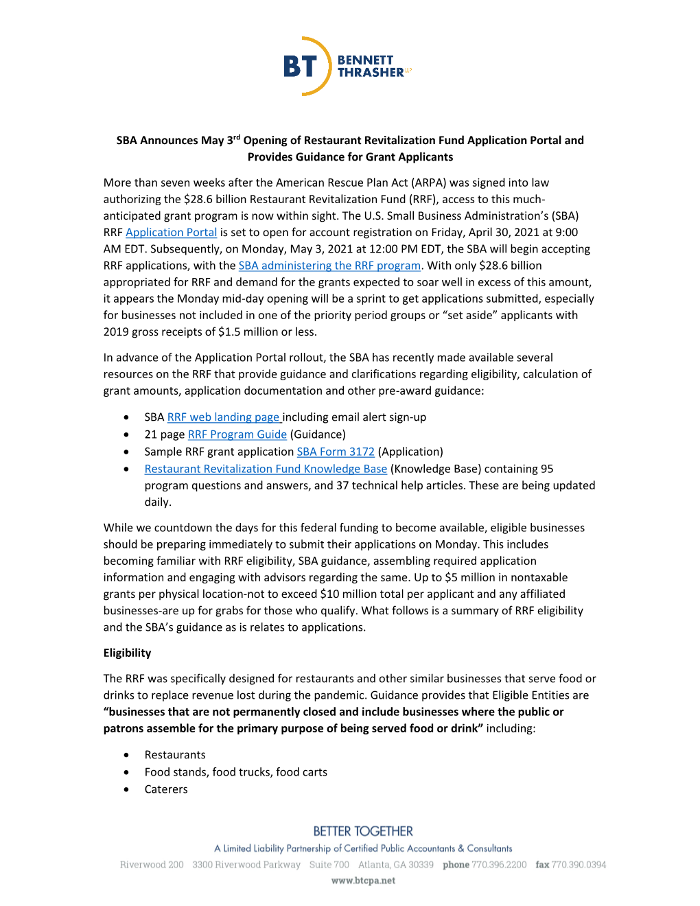 SBA Announces May 3Rd Opening of Restaurant Revitalization Fund Application Portal and Provides Guidance for Grant Applicants Mo