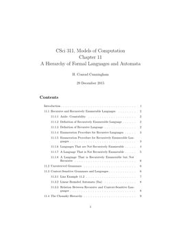 Csci 311, Models of Computation Chapter 11 a Hierarchy of Formal Languages and Automata