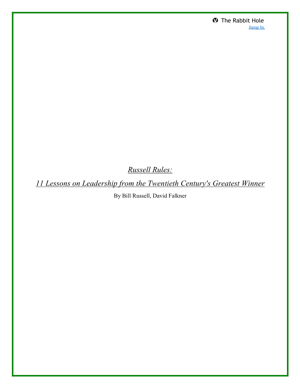 Russell Rules: 11 Lessons on Leadership from the Twentieth Century's Greatest Winner by Bill Russell, David Falkner