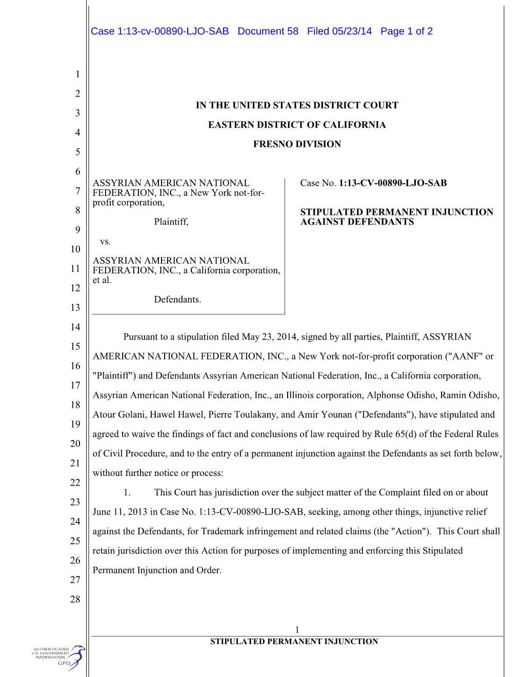 Case 1:13-Cv-00890-LJO-SAB Document 58 Filed 05/23/14 Page 1 of 2