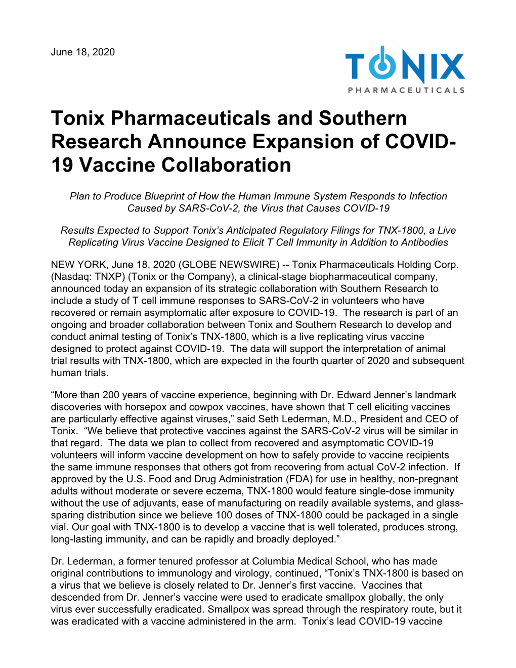 Tonix Pharmaceuticals and Southern Research Announce Expansion of COVID- 19 Vaccine Collaboration