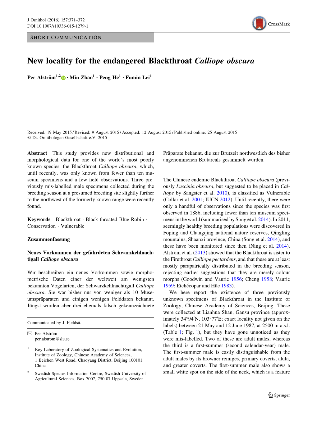 New Locality for the Endangered Blackthroat Calliope Obscura