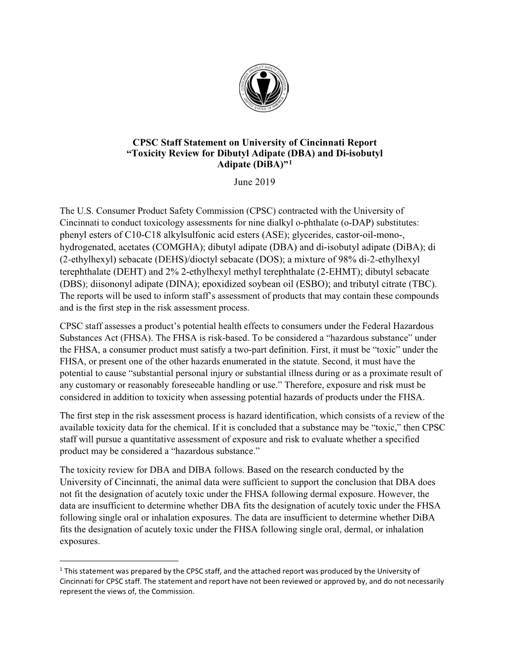 Toxicity Review for Dibutyl Adipate (DBA) and Di-Isobutyl Adipate (Diba)”1 June 2019