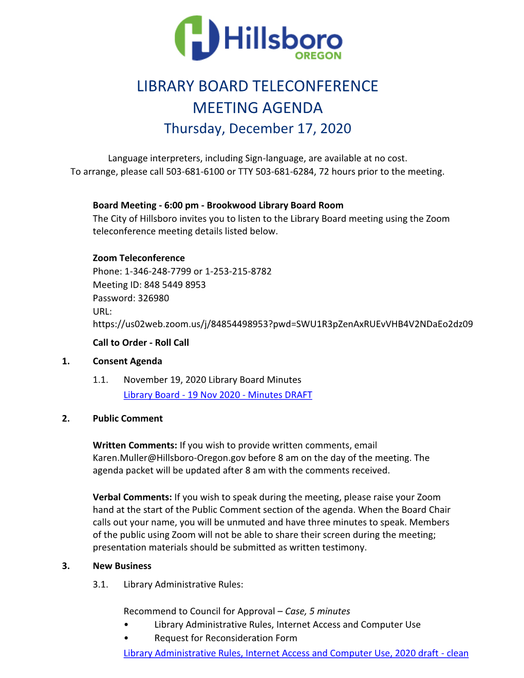 LIBRARY BOARD TELECONFERENCE MEETING AGENDA Thursday, December 17, 2020