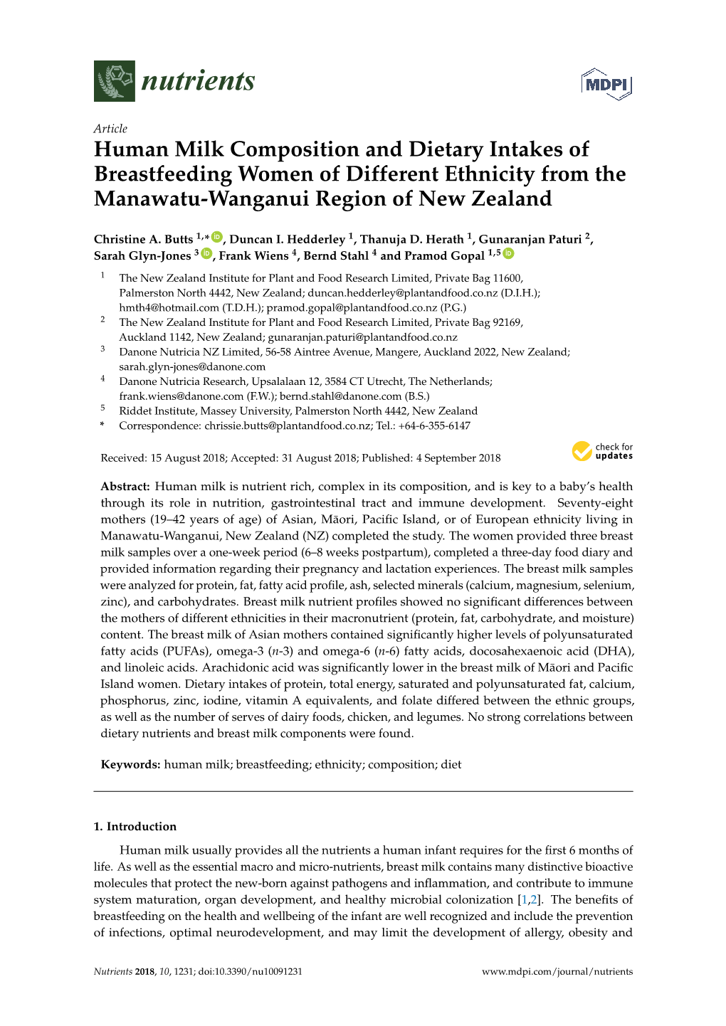 Human Milk Composition and Dietary Intakes of Breastfeeding Women of Different Ethnicity from the Manawatu-Wanganui Region of New Zealand