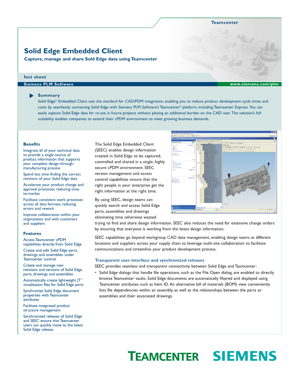 Solid Edge Embedded Client Capture, Manage and Share Sold Edge Data Using Teamcenter