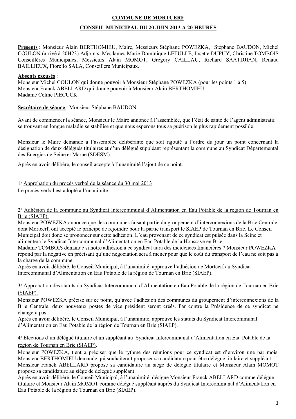 Commune De Mortcerf Conseil Municipal Du 20 Juin 2013 a 20 Heures