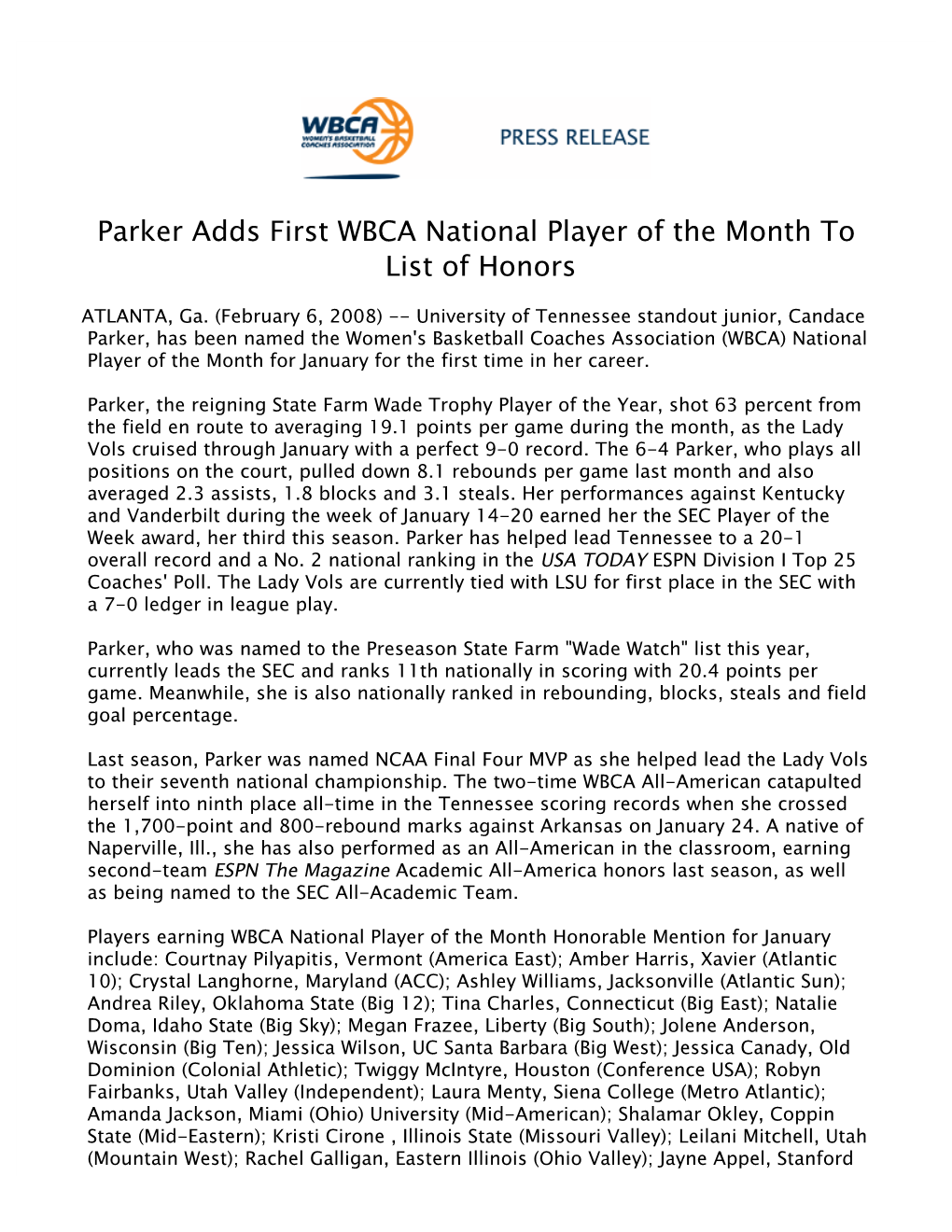 Parker Adds First WBCA National Player of the Month to List of Honors