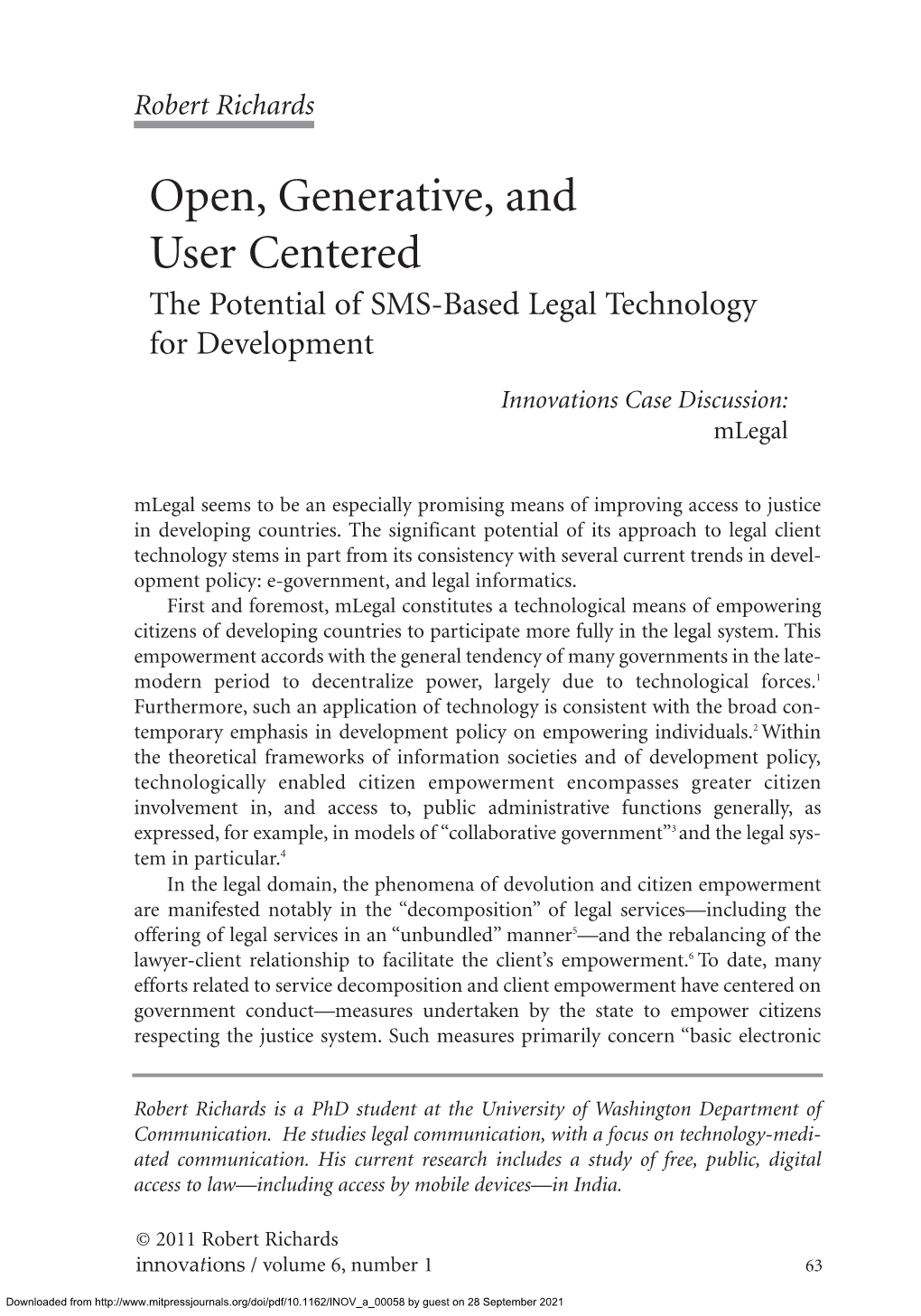 Open, Generative, and User Centered the Potential of SMS-Based Legal Technology for Development