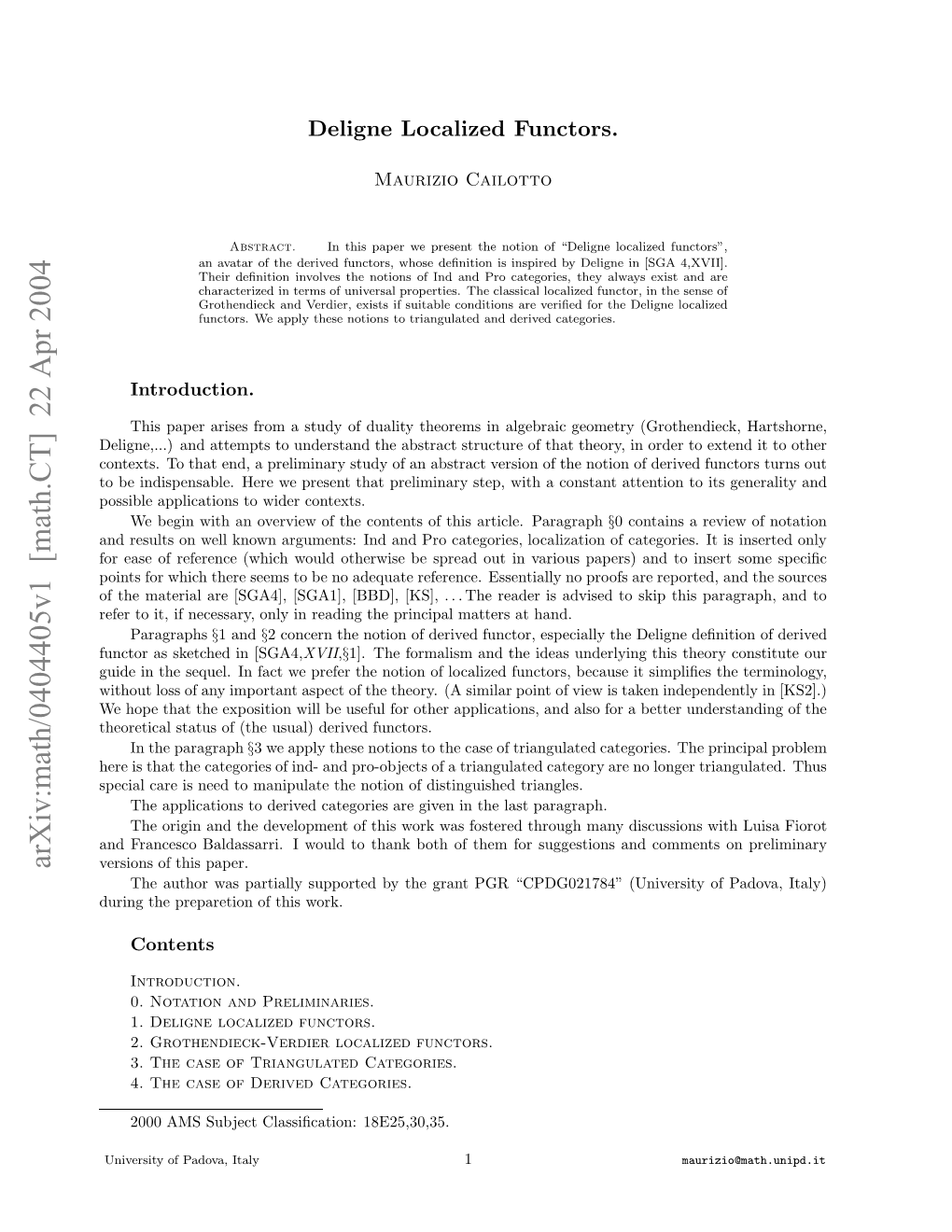 Arxiv:Math/0404405V1 [Math.CT] 22 Apr 2004 Uigtepeaeino Hswork