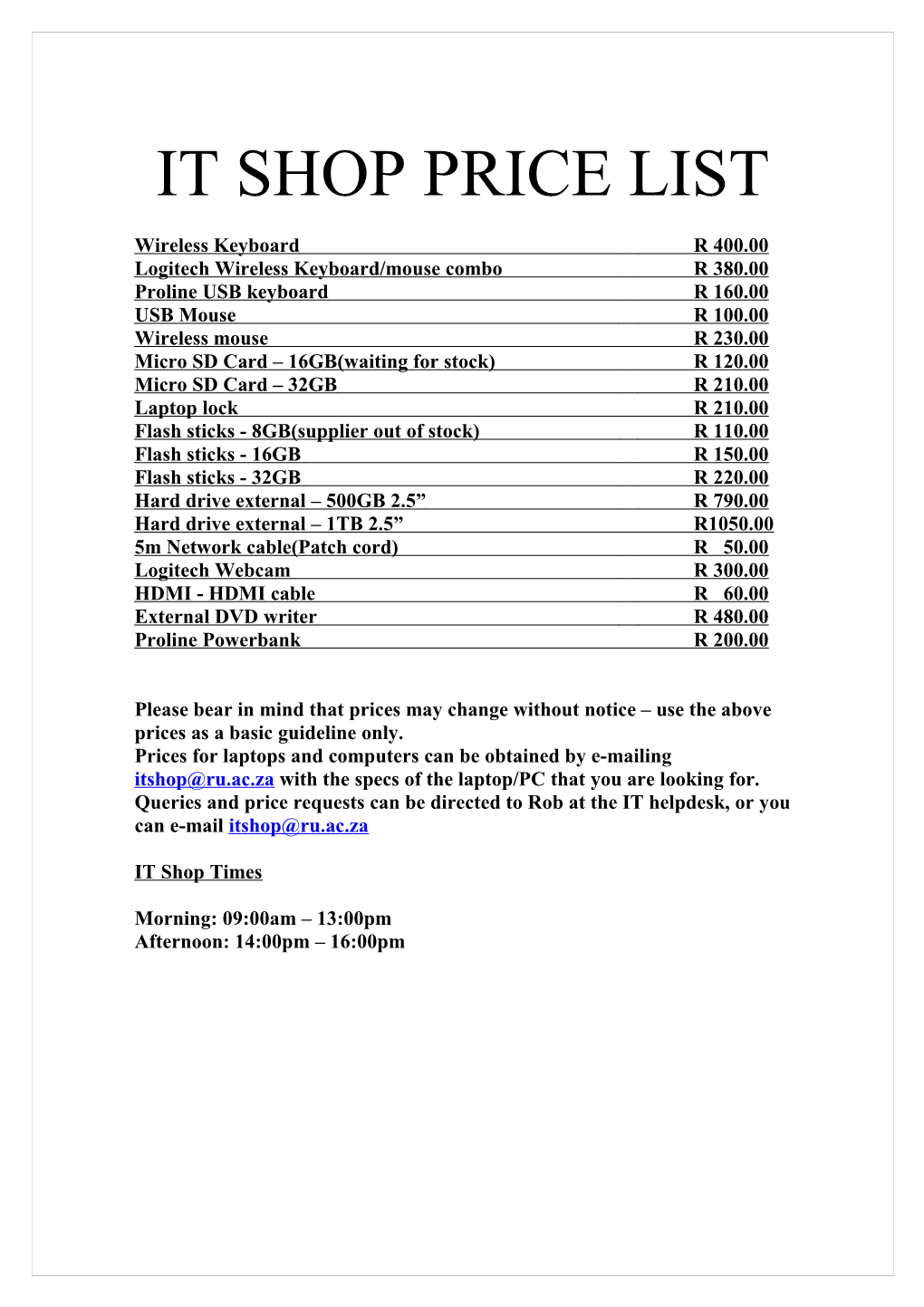 It Shop Price List