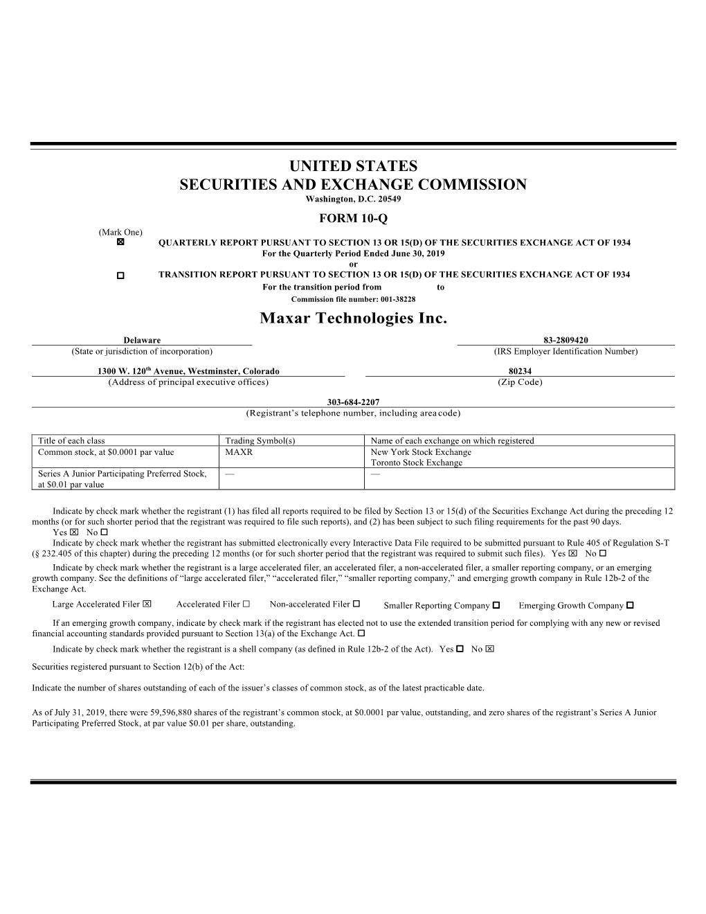 UNITED STATES SECURITIES and EXCHANGE COMMISSION Maxar