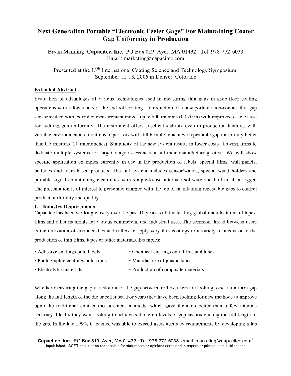 “Electronic Feeler Gage” for Maintaining Coater Gap Uniformity in Production