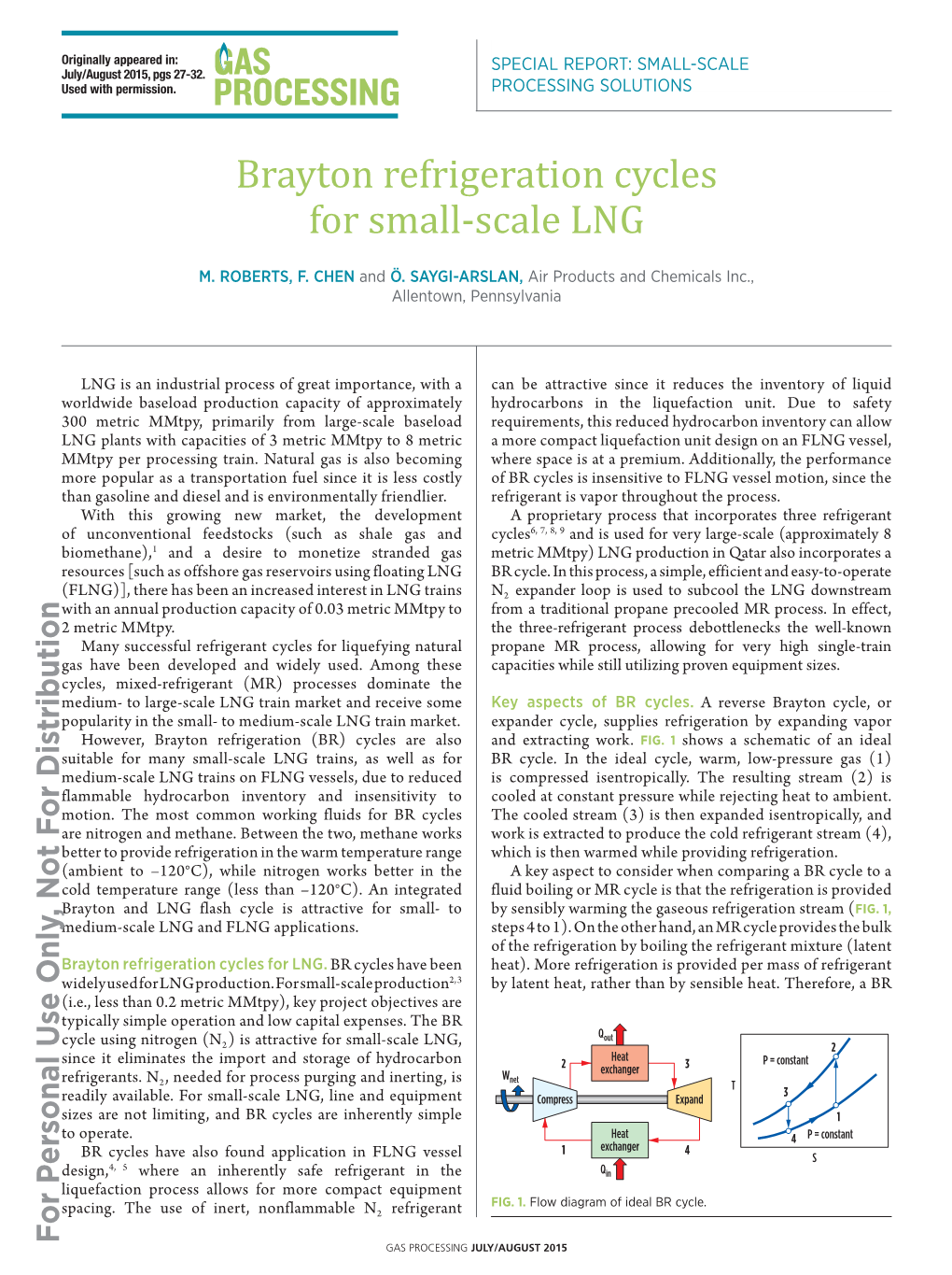 Brayton Refrigeration Cycles for Small-Scale LNG