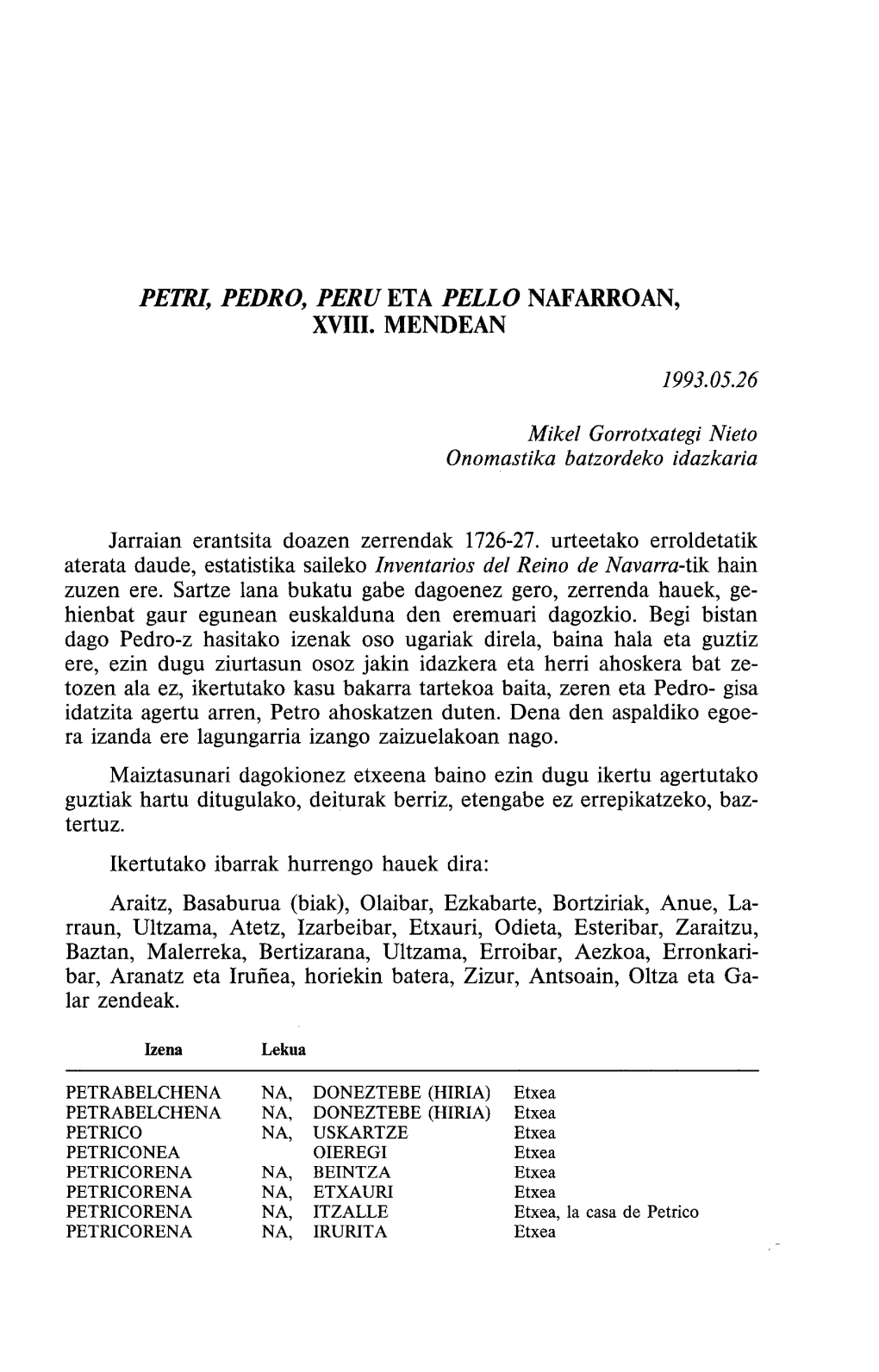 Petri, Pedro, Peru Eta Pello Nafarroan, Xviii. Mendean