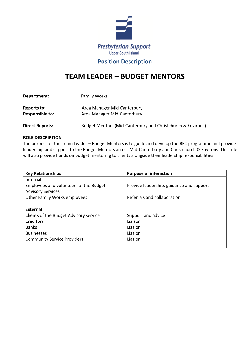 Team Leader – Budget Mentors