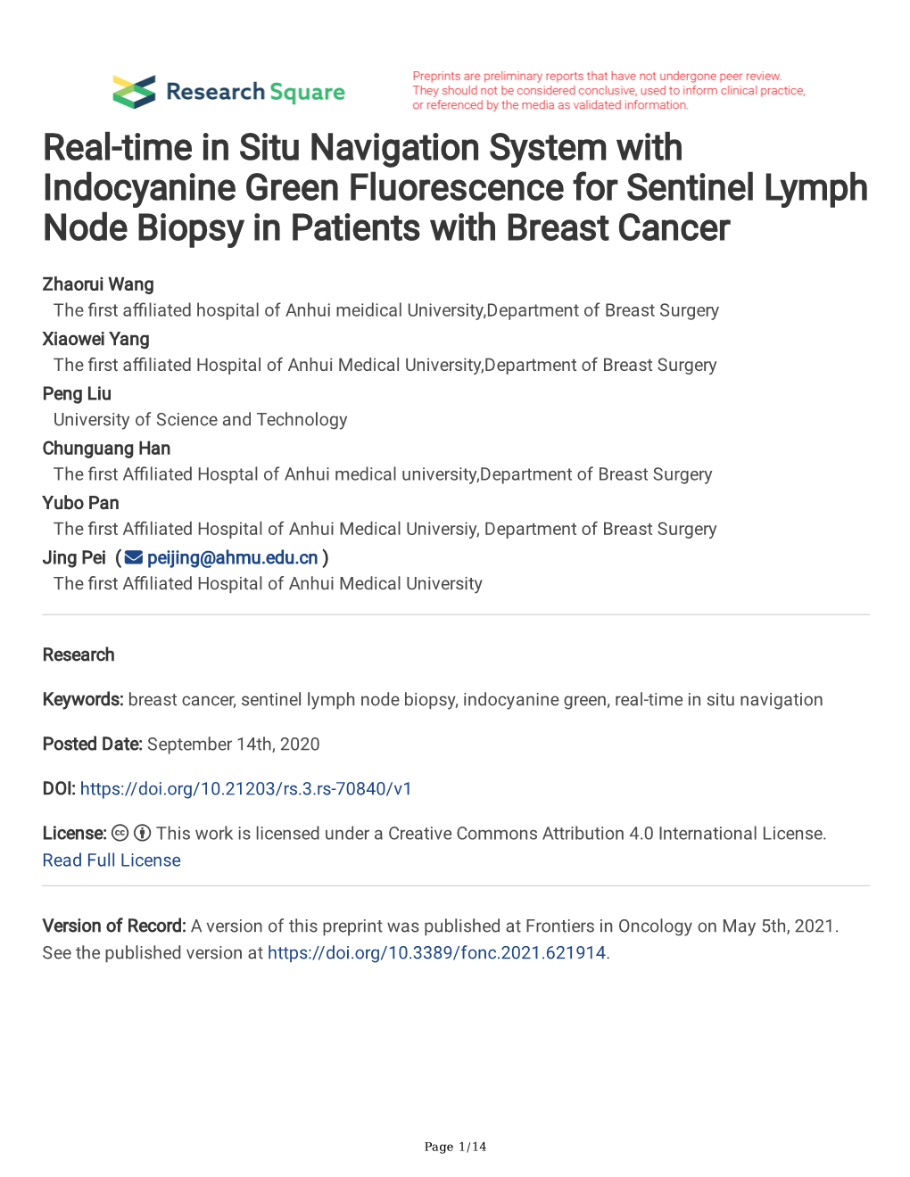 Real-Time in Situ Navigation System with Indocyanine Green Fluorescence for Sentinel Lymph Node Biopsy in Patients with Breast Cancer