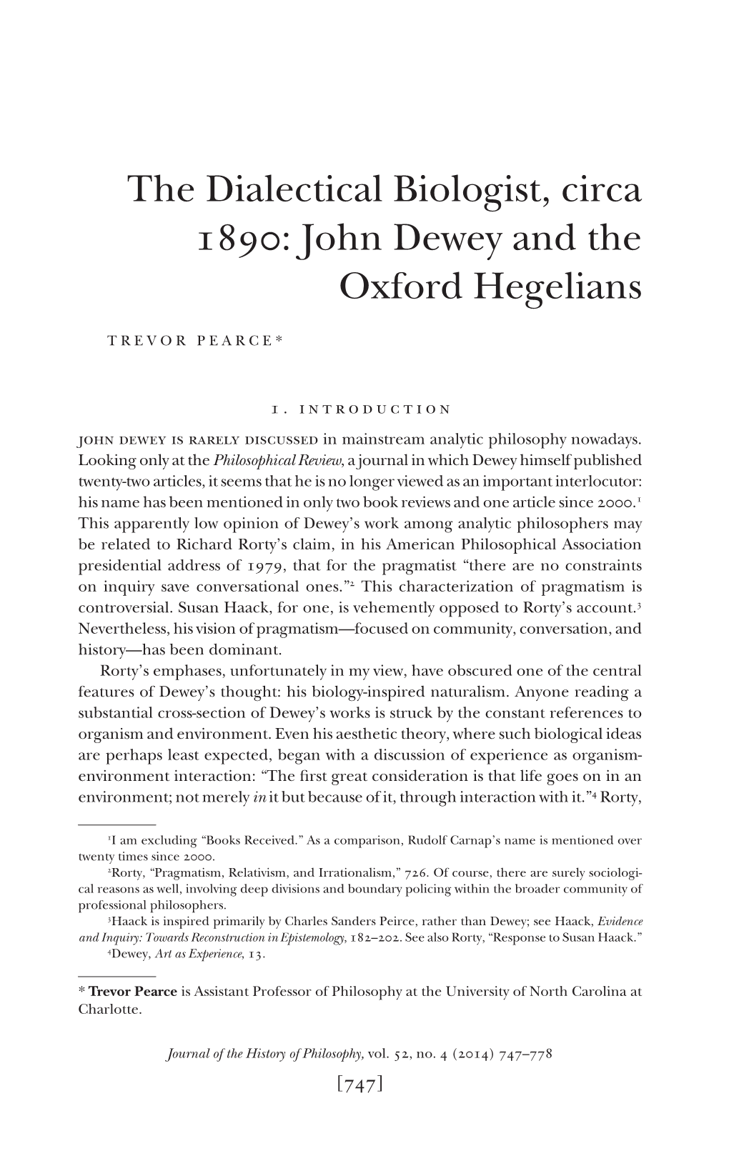 The Dialectical Biologist, Circa 1890: John Dewey and the Oxford Hegelians