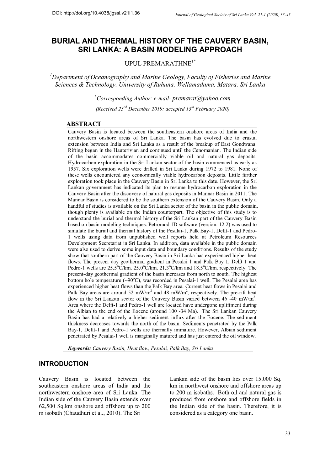 Burial and Thermal History of the Cauvery Basin, Sri Lanka: a Basin Modeling Approach