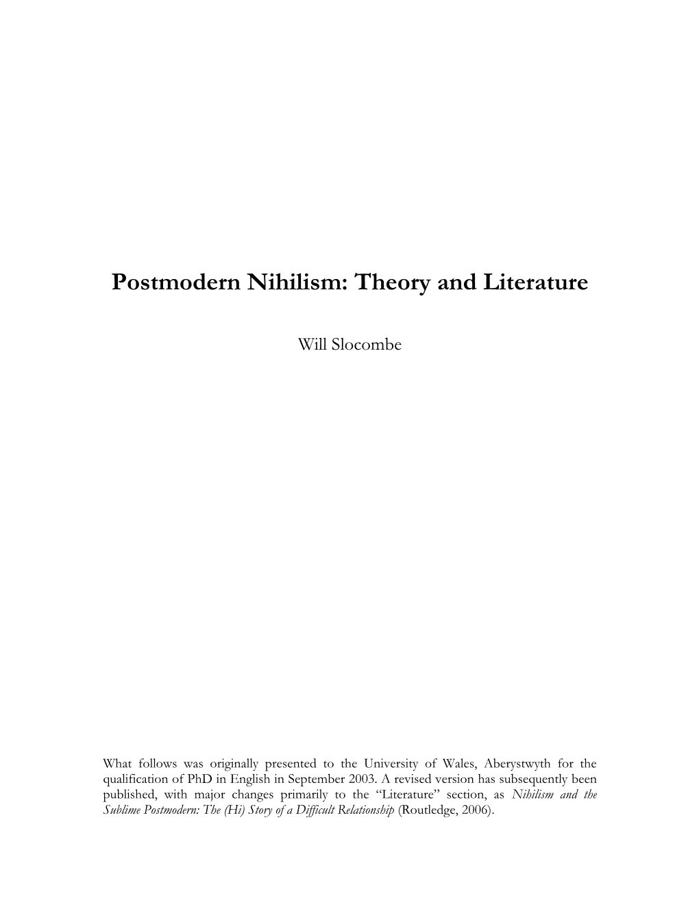 Postmodern Nihilism: Theory and Literature