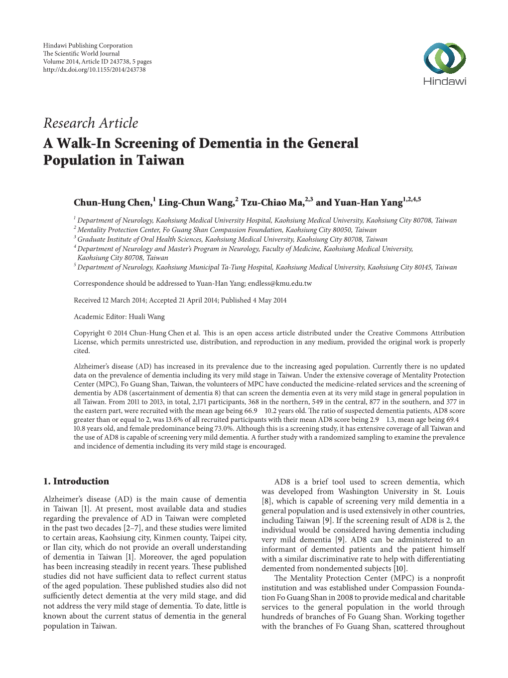 Research Article a Walk-In Screening of Dementia in the General Population in Taiwan